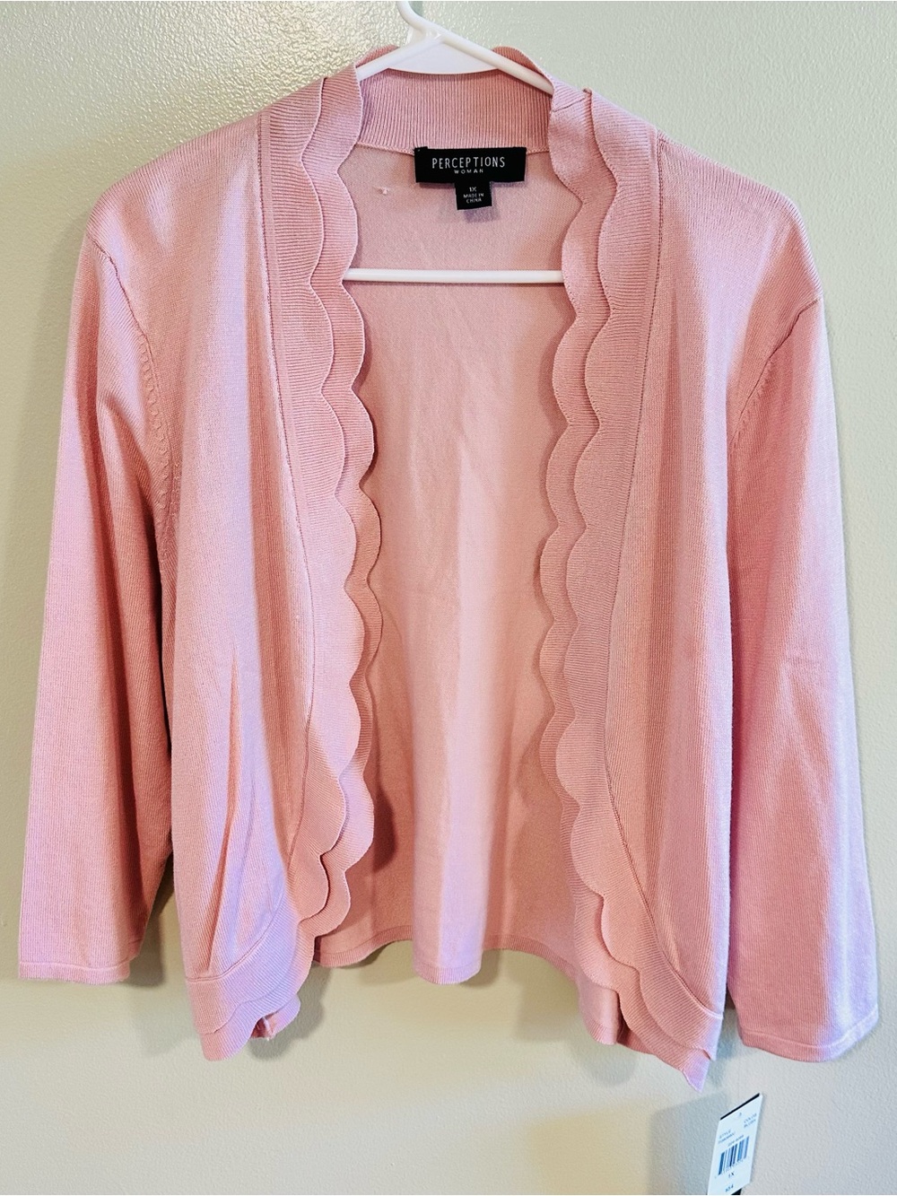 Perceptions Light Pink Scalloped Open-Front Cardigan